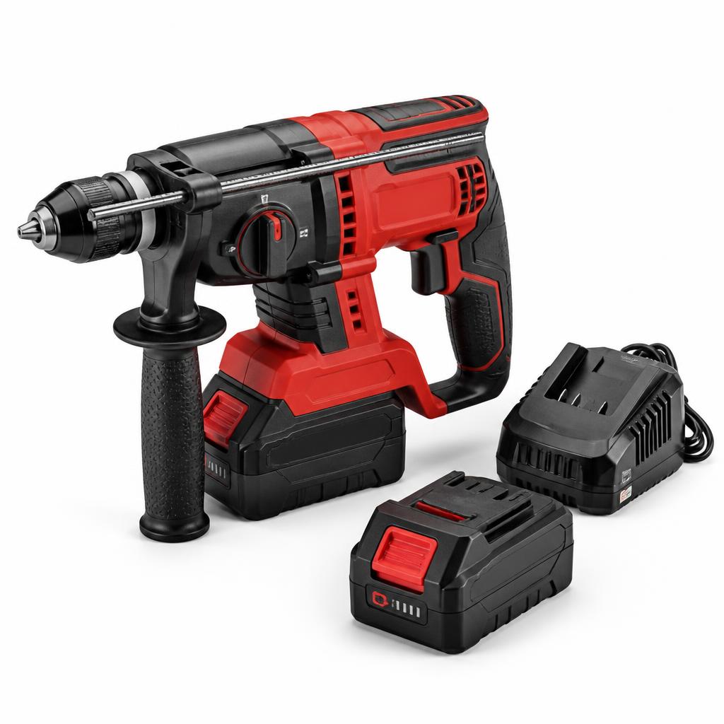 AI-generated studio product photo of a cordless hammer drill kit with batteries and charger