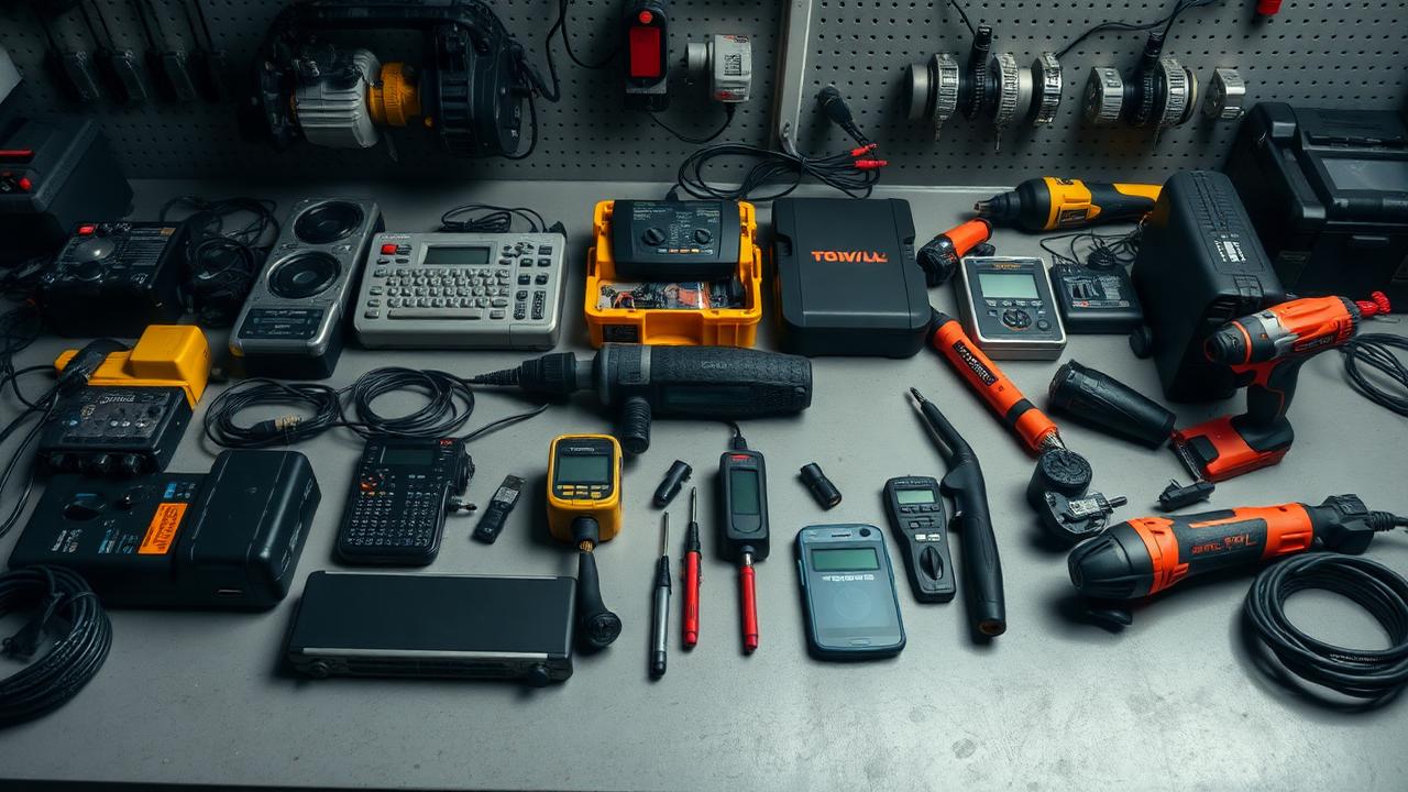 Consumer electronics and power tools laid out on a bench for testing, illustration for How to Make Money with Best Buy Return Pallets