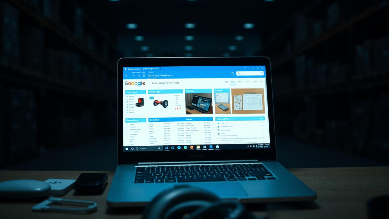 Reseller reviewing a liquidation auction listing on a laptop in a warehouse office, illustration for Marketplace Guides
