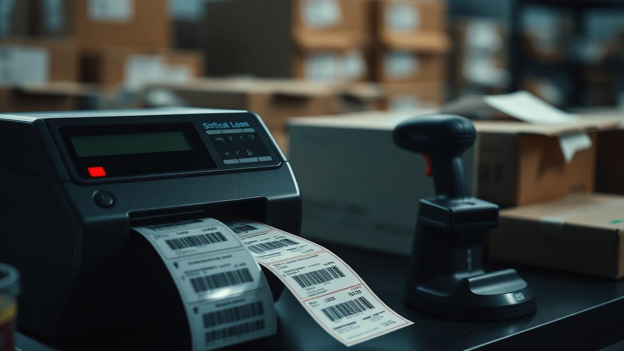 Thermal label printer producing shipping labels next to a barcode scanner, illustration for The Operator's Guide to Product Photography for Resale: Speed, Quality, and Higher Margins