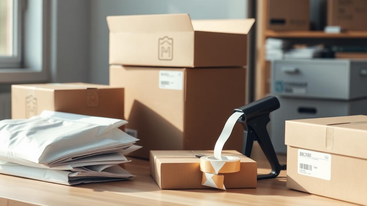 Ecommerce packing station with mailers, tape gun and shipping boxes, illustration for Best Thermal Label Printers for Reselling: Operator Choice Guide