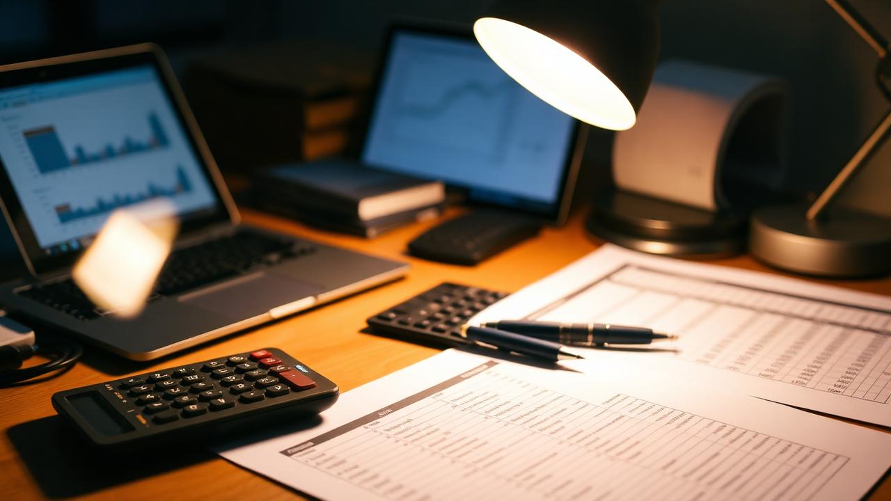Printed manifest spreadsheets, a calculator and a laptop on a desk under a lamp, illustration for Profit Margins on Beauty Product Pallets: Real P&L