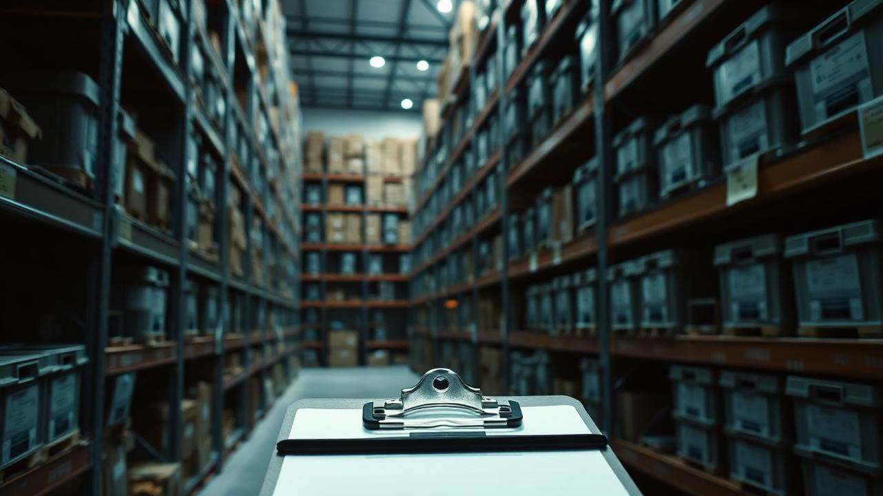 Warehouse shelving of labelled inventory totes with a clipboard in the foreground, illustration for Best Places to Buy BULQ Pallets Without Losing Money