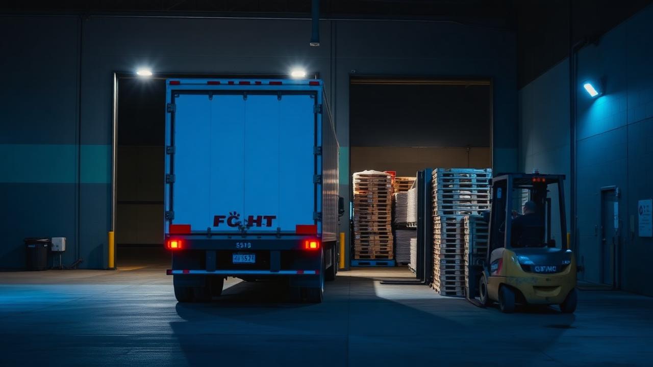 Freight truck at a loading dock while a forklift moves pallets, illustration for Pallets in Utah: Sourcing, Freight Math, and Real Margins