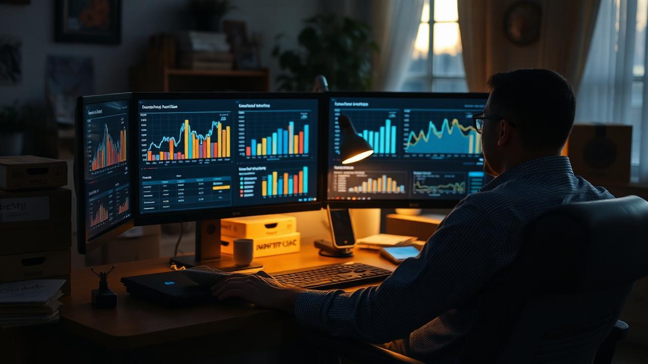 Reseller reviewing profit and sales charts on dual monitors surrounded by inventory boxes, illustration for How to Resell Quicklotz Pallets for Actual Profit